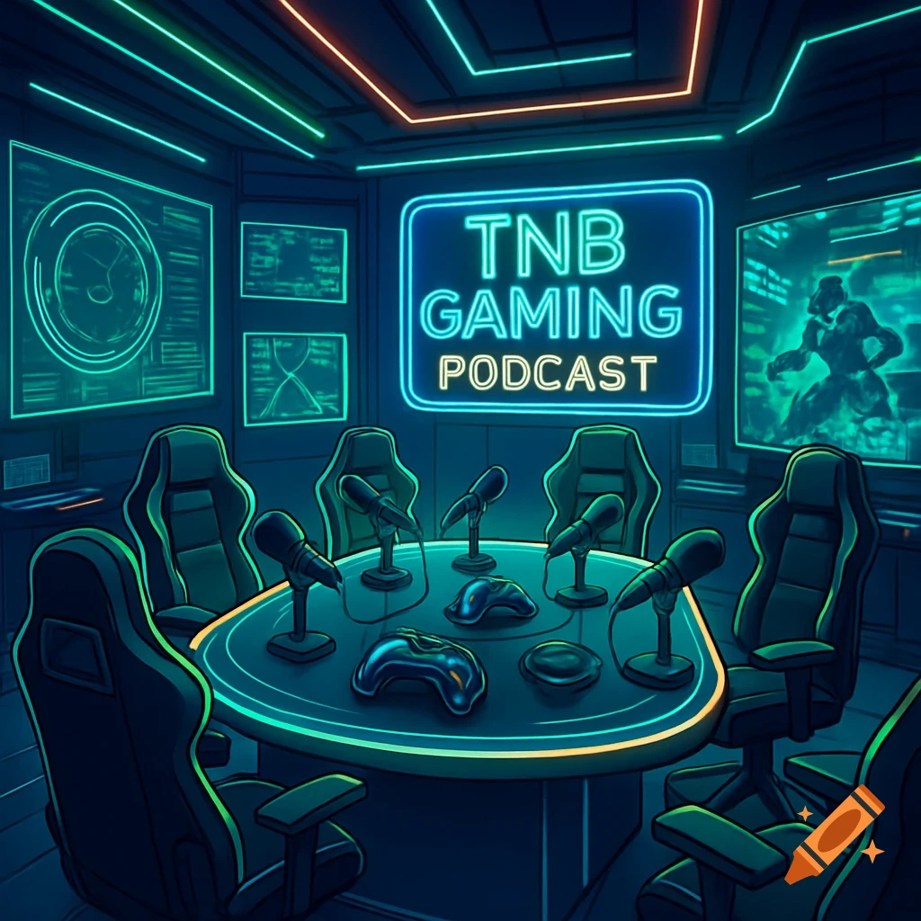 A futuristic neon gaming podcast studio with a glowing sign, mics, controllers, and chairs around a table.