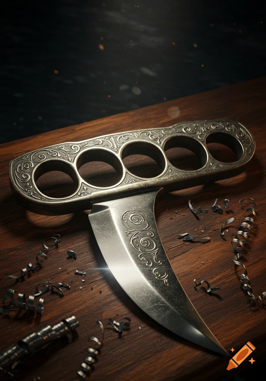 A detailed view of an ornate metal knuckle duster knife with a curved blade, resting on a wooden surface with metal shavings.