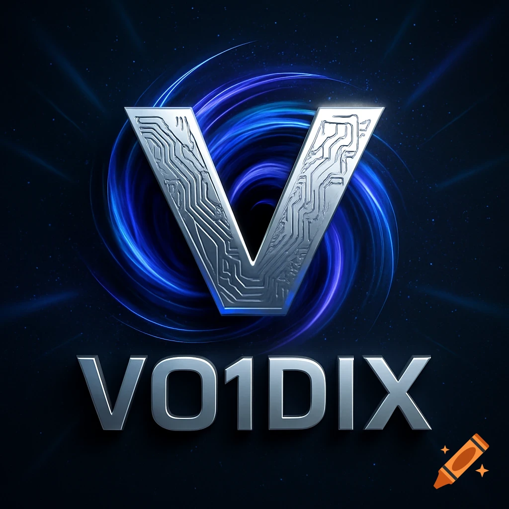 A silver V-shaped logo with circuit patterns over a blue swirling vortex. Below it, the silver text 'VO1DIX' is present.