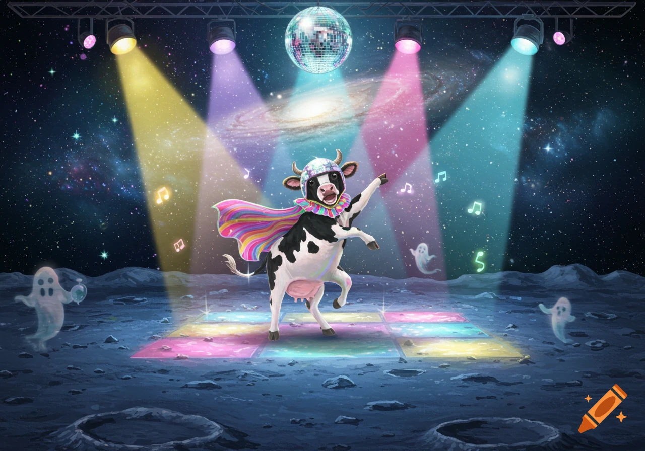 A cartoon cow in a disco helmet and rainbow cape dances on a luminous disco floor on the moon, with ghosts and musical notes.