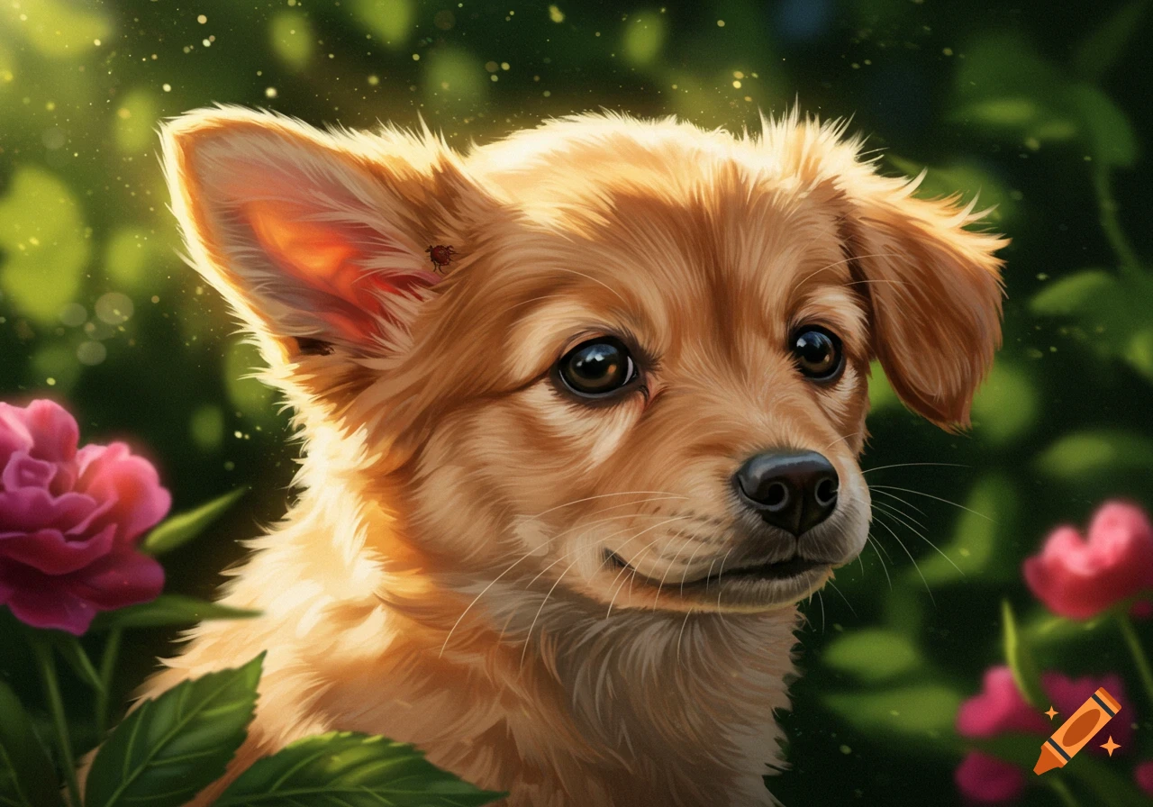 A fluffy golden-brown puppy with a tick on its ear peeks from behind pink roses and green leaves in soft sunlight.