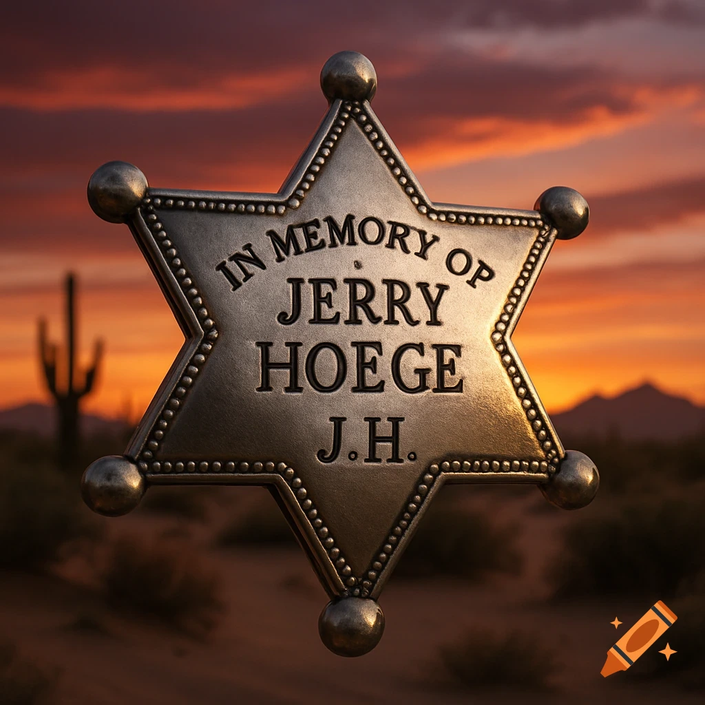 A metallic sheriff's badge engraved with 'In Memory of Jerry Hoege J.H.' against a desert sunset background with a cactus.