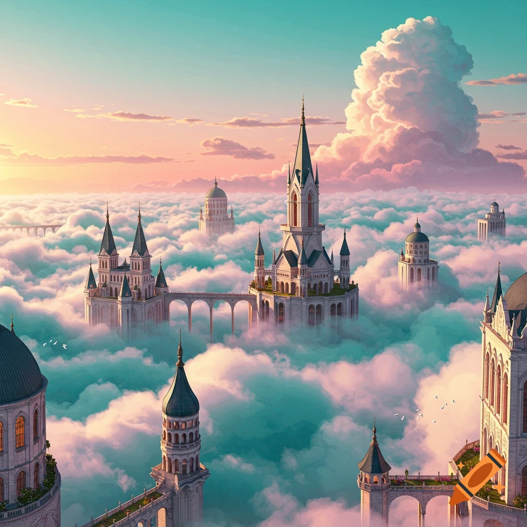 Elaborate castles with spires and bridges emerge from a pastel-colored sea of clouds under a vibrant sky at sunset, in a fantasy art style.
