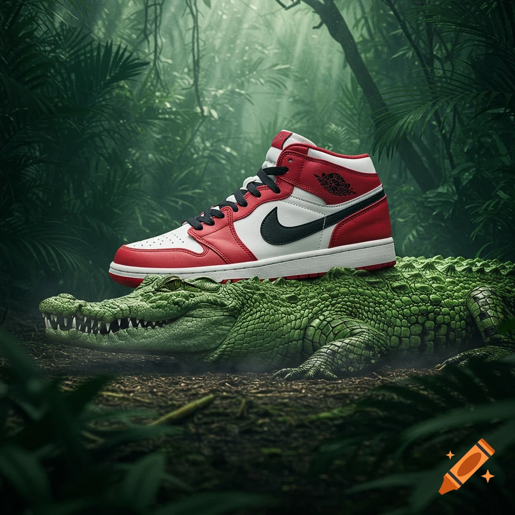 A red, white, and black Nike Jordan sneaker rests on a green crocodile in a misty jungle environment.