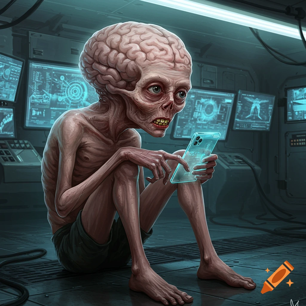 An emaciated, large-brained creature with yellow teeth and tired eyes sits hunched in a futuristic lab, holding a glowing smartphone.