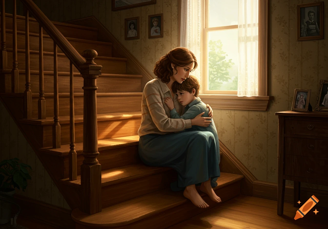 A mother sits on sunlit wooden stairs, embracing her child in a domestic setting, photorealistic.