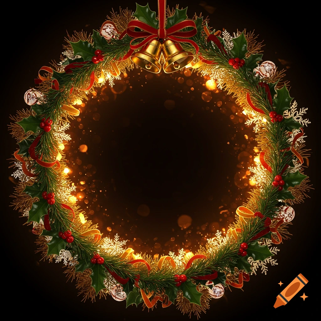 A festive Christmas wreath with holly, red berries, gold bells, and glowing lights on a dark background.