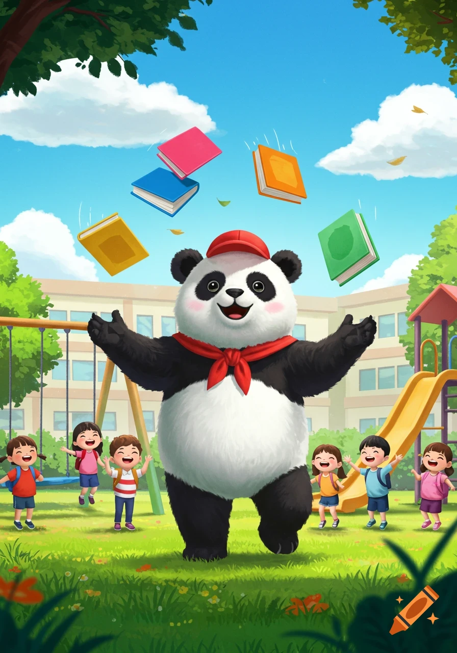 Cartoon panda mascot juggling books in an elementary school playground with happy children playing.