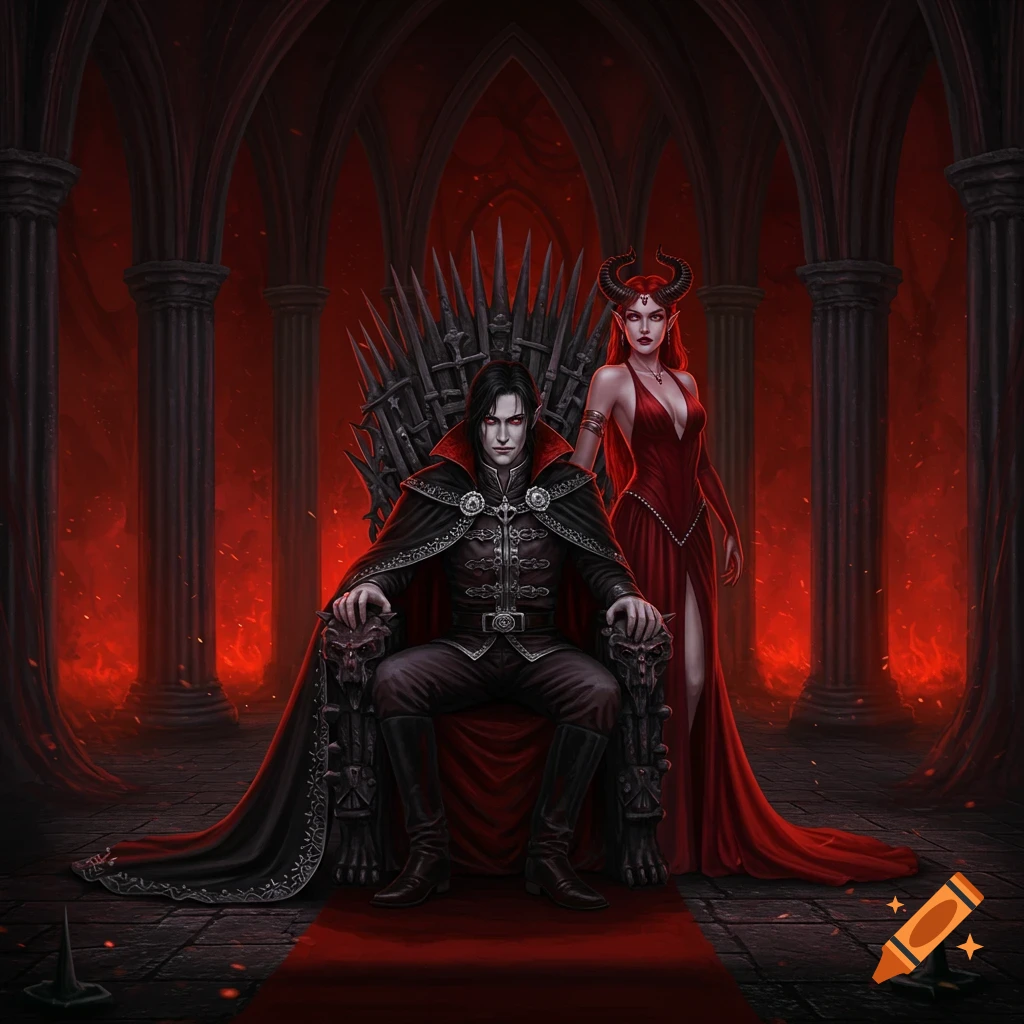 A vampire lord with red eyes sits on a dark, spiky throne in a gothic chamber, a succubus in a red dress stands beside him.