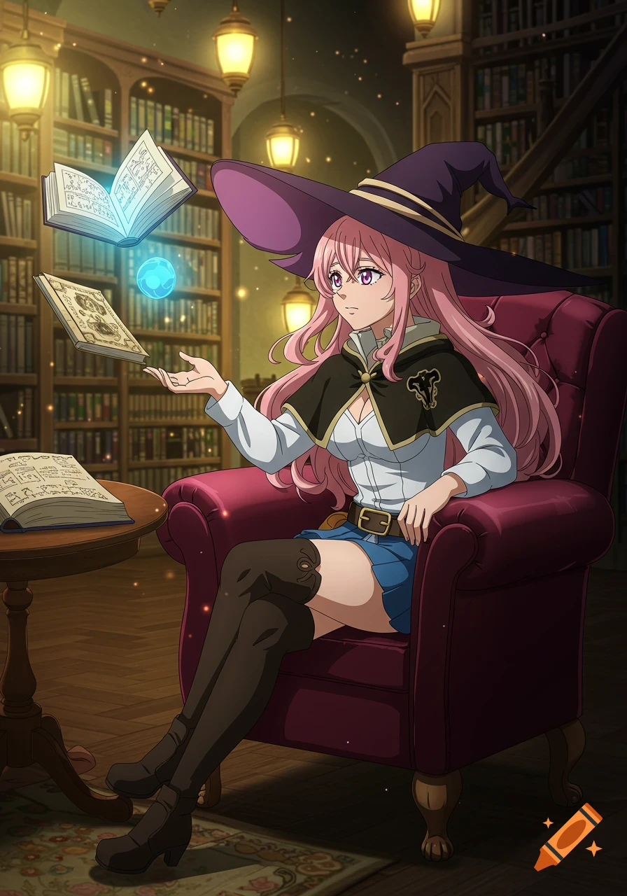 A pink-haired anime witch in a library, wearing a purple hat and black cape, sits in an armchair, levitating books and a blue orb.