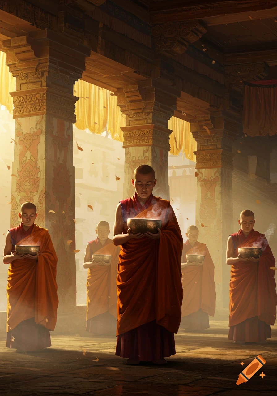 Five Tibetan monks in orange robes hold glowing bowls in a misty, ancient temple bathed in golden light.