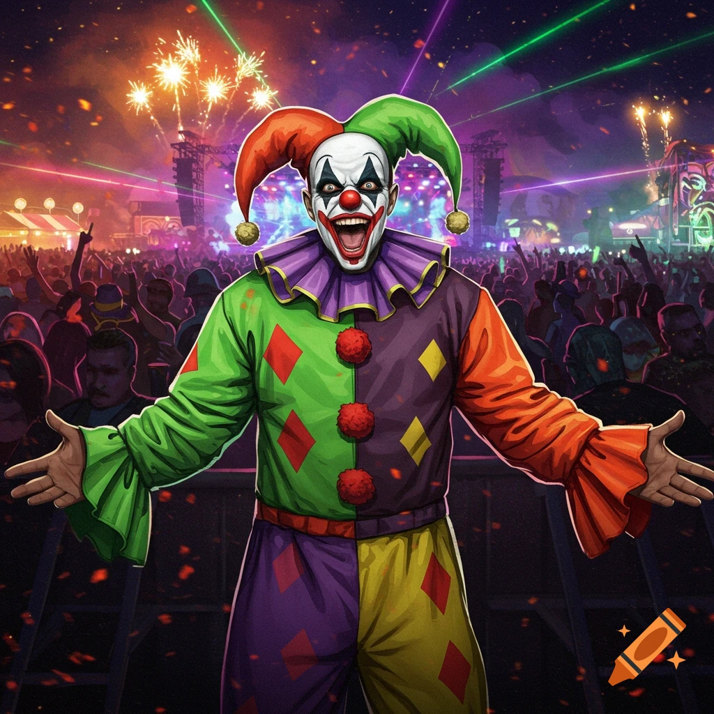 A vibrant illustration of a clown in a jester hat with a wide smile, arms outstretched, at a lively night concert with fireworks and laser lights.