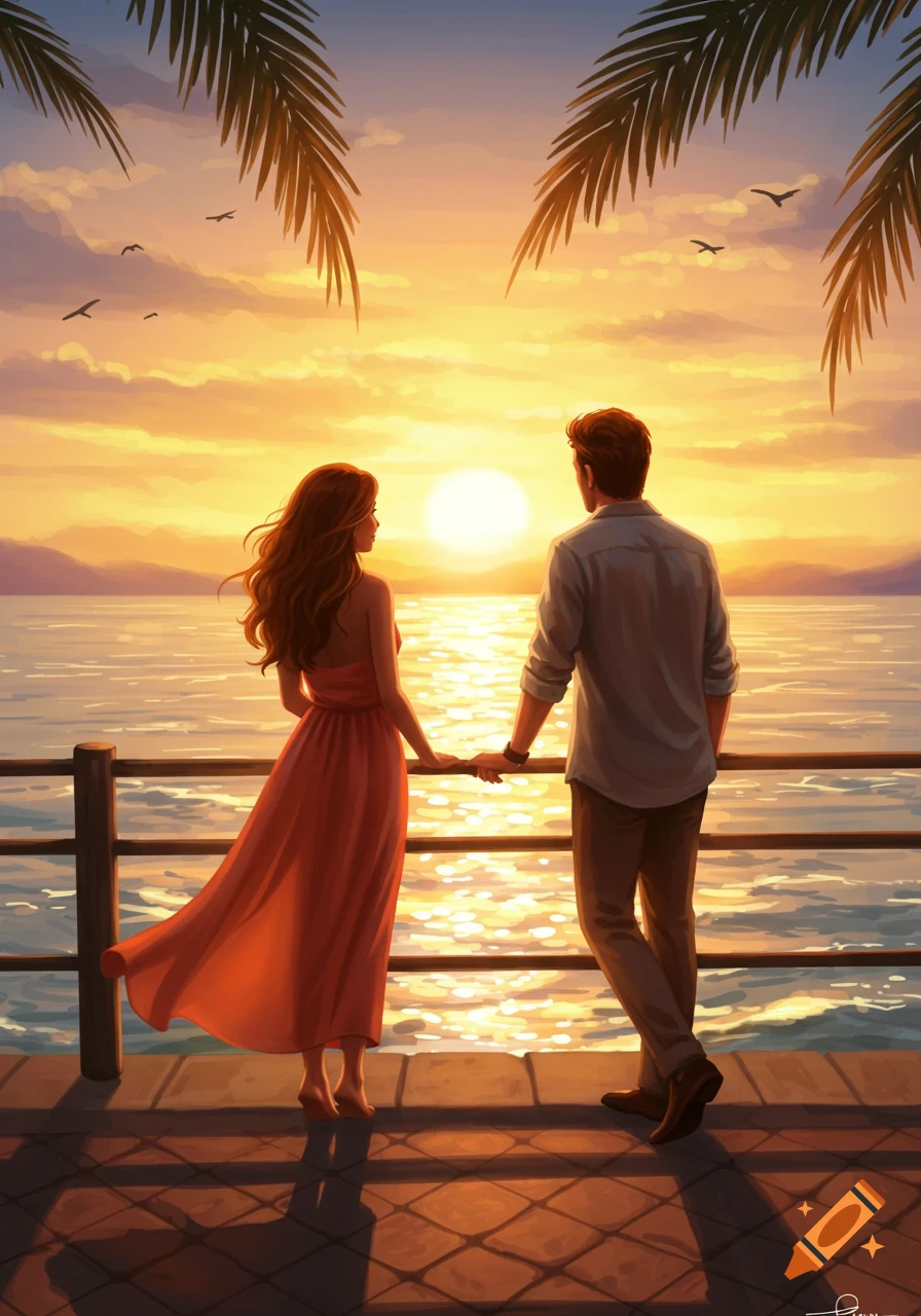 An illustrated couple stands on a pier, holding hands, admiring a vibrant sunset over the ocean with palm leaves framing the scene.