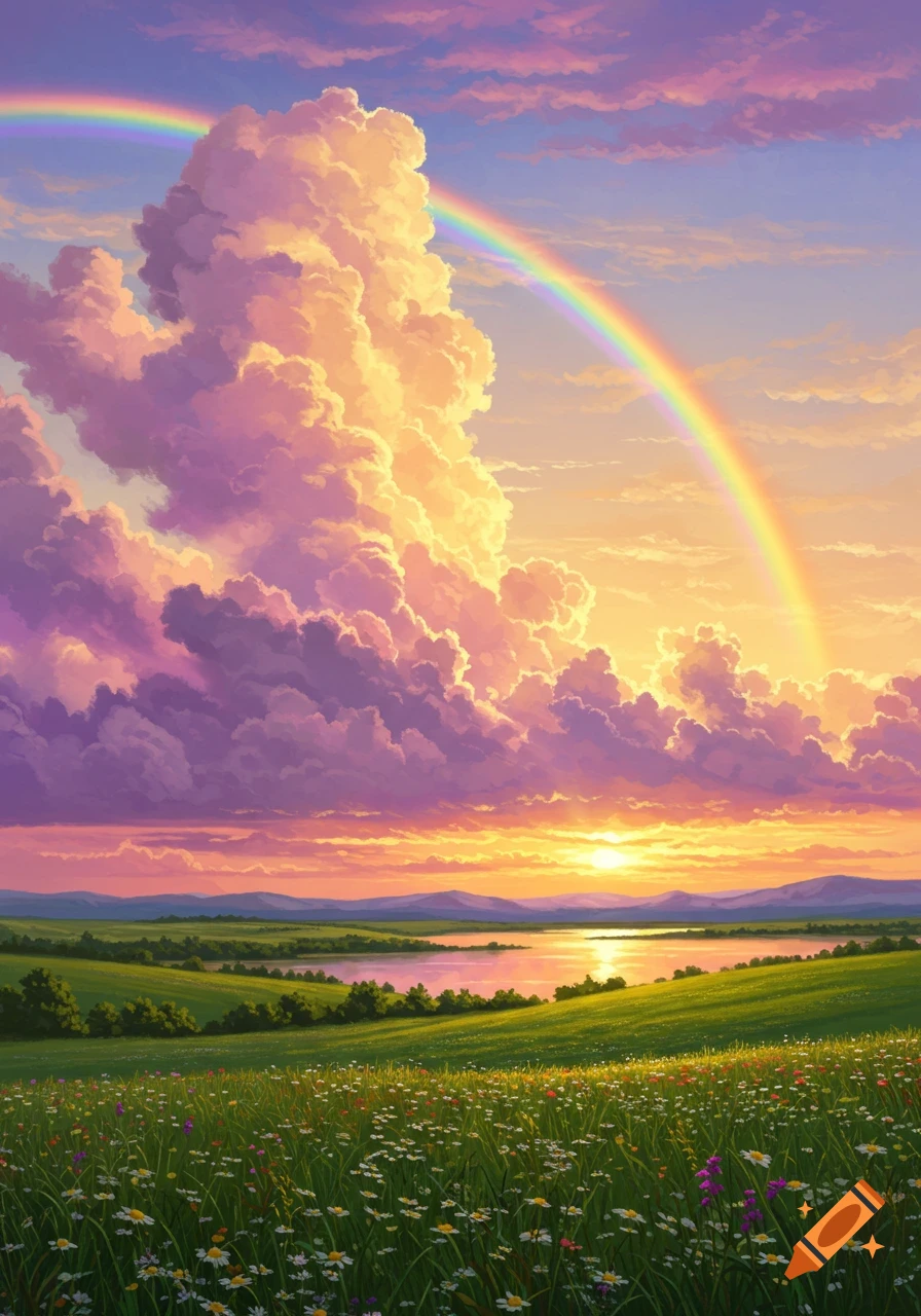 Vibrant landscape with a sunset over a lake, green fields of wildflowers, dramatic colorful clouds, and two rainbows.
