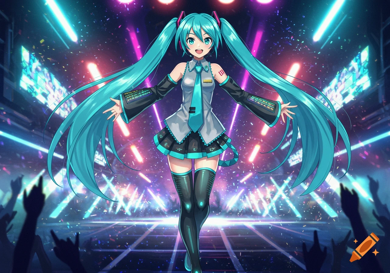 Hatsune Miku, an anime character with long turquoise pigtails, smiles on a neon-lit concert stage with a cheering crowd.