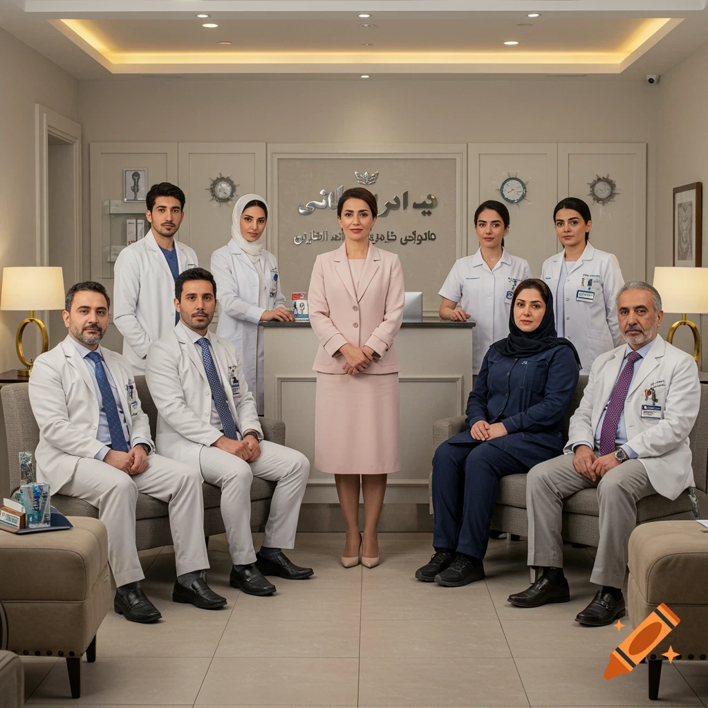A group of medical professionals, including doctors and nurses, pose in a well-lit clinic reception area.