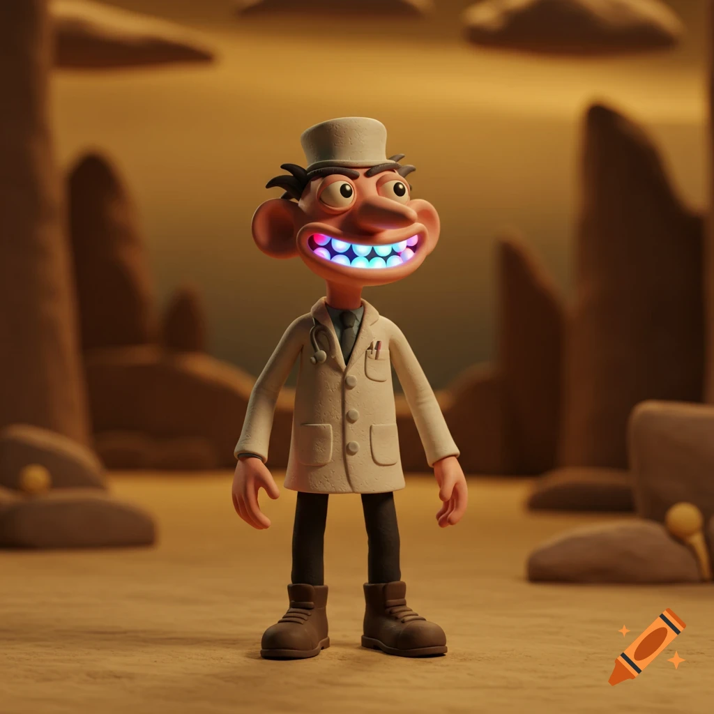 A smiling claymation doctor character with a long nose, top hat, white lab coat, and glowing LED lips, stands in a desert landscape.