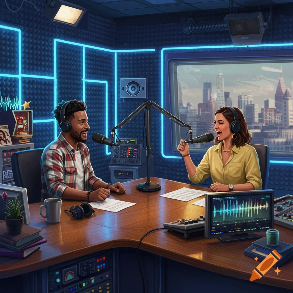 Two people, a man and a woman, are broadcasting in a modern radio studio with neon lights and a cityscape visible through the window.