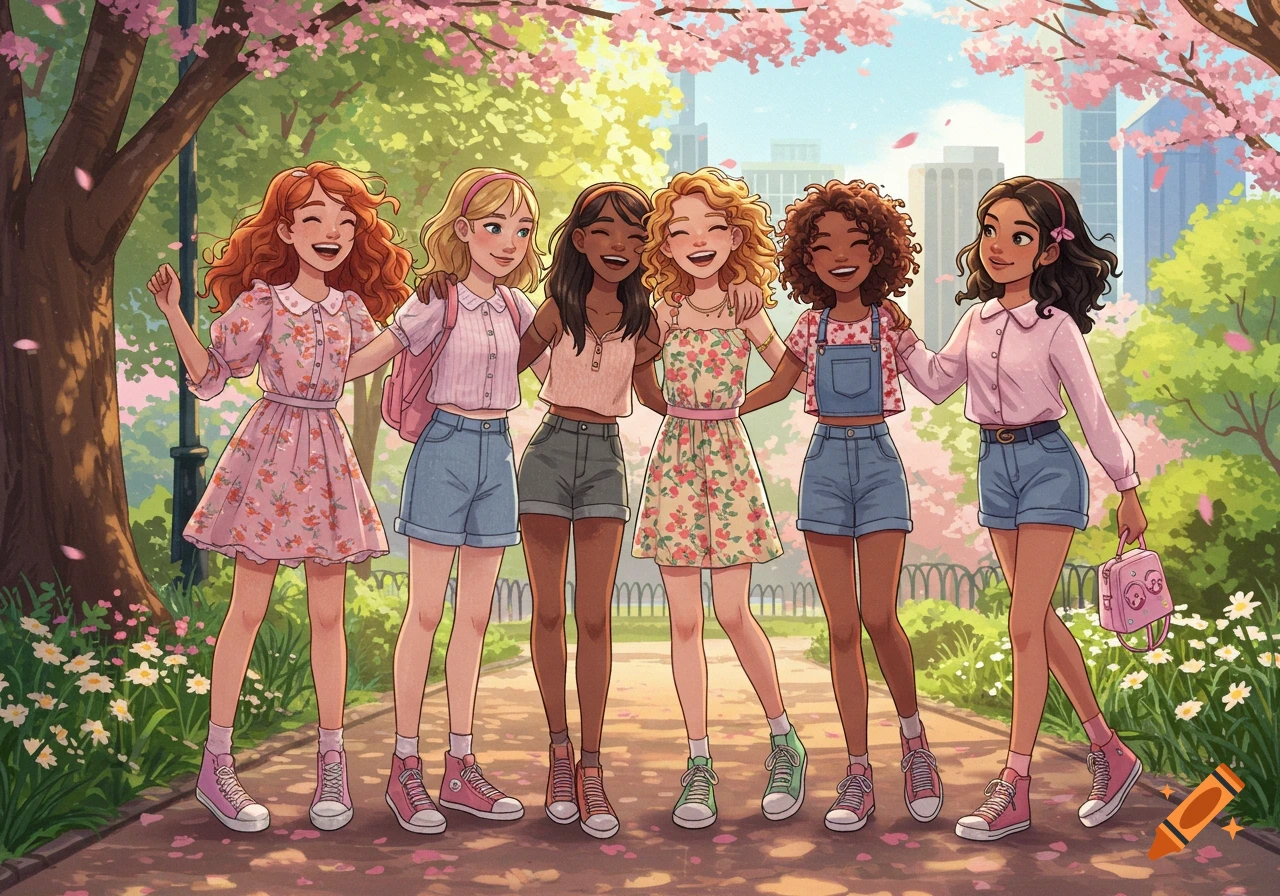 Six diverse young women in a park under cherry blossoms, embracing and smiling in a colorful cartoon style.