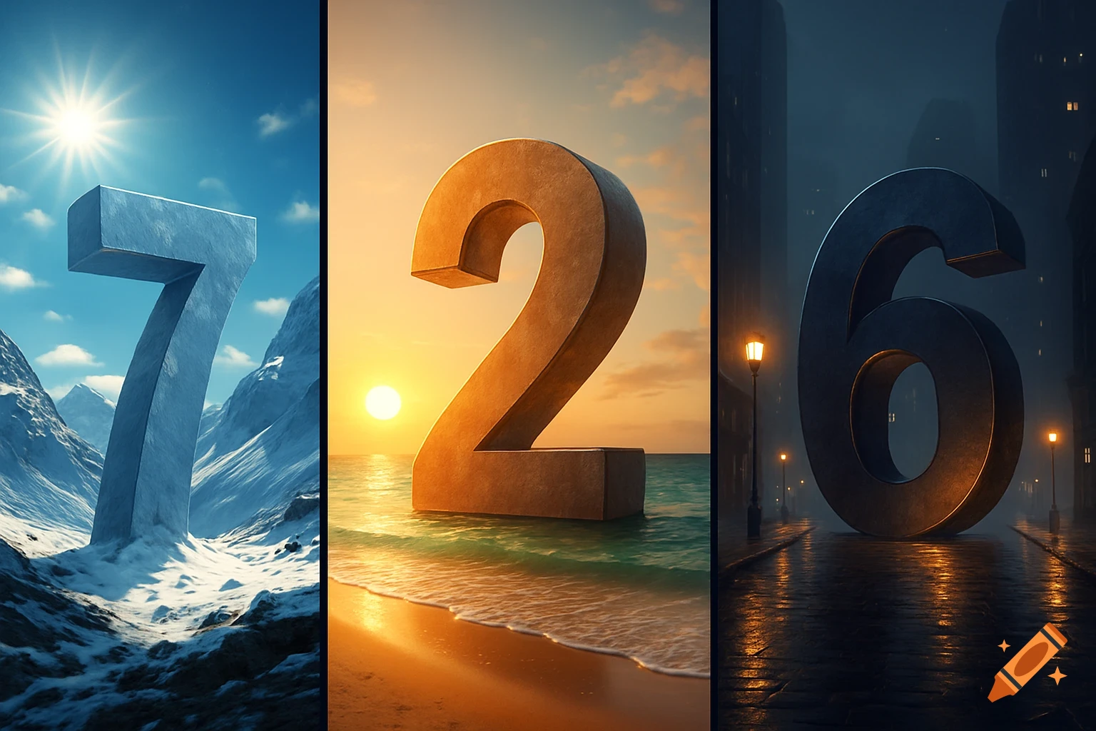 A triptych showing large 3D numbers: a blue 7 in snowy mountains, a brown 2 on a beach at sunset, and a dark 6 on a wet city street at night.