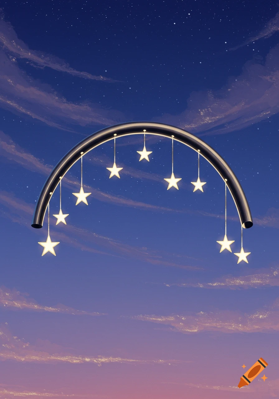 Glowing stars hang from a curved arch against a dark blue and pink night sky with wispy clouds and distant stars.