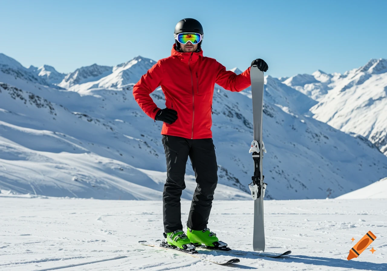 A male skier in a red jacket, black helmet, and reflective goggles stands on a snowy mountain, holding gray skis. Photorealistic.