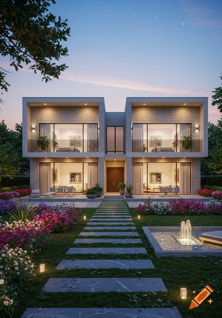 Modern two-story villa with large windows, stone path, colorful garden flowers, and a fountain at dusk, photorealistic.