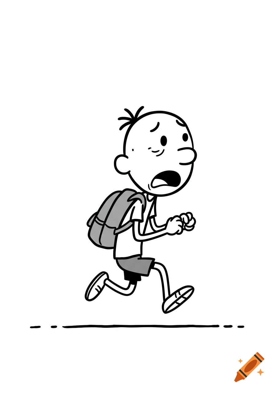 A black-and-white cartoon of a thin, stick-figure boy with a backpack running with a worried expression, in the style of Diary of a Wimpy Kid.