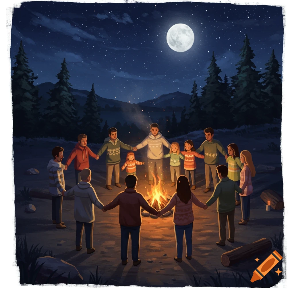 Diverse group of people holding hands in a circle around a campfire under a full moon and starry night sky in a forest.