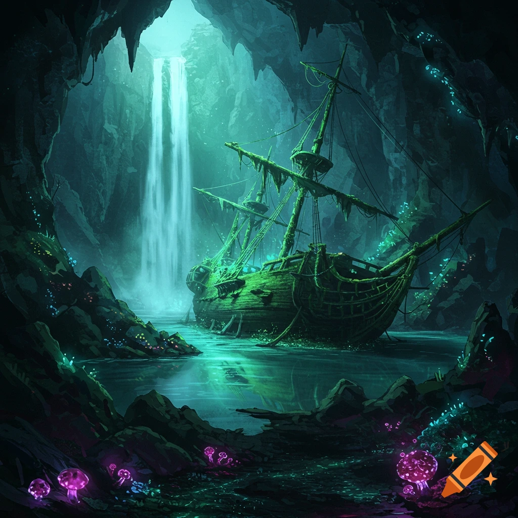 A ruined three-mast sailing ship covered in moss sits in a glowing green-blue underground cavern with a waterfall and purple fungi.