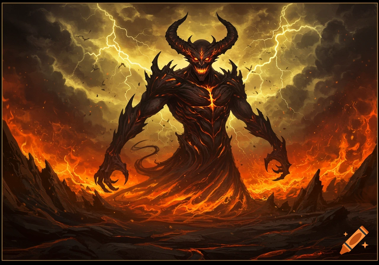 A menacing horned demon with glowing red eyes and fiery cracks on its body stands in a volcanic landscape with lightning-filled skies.