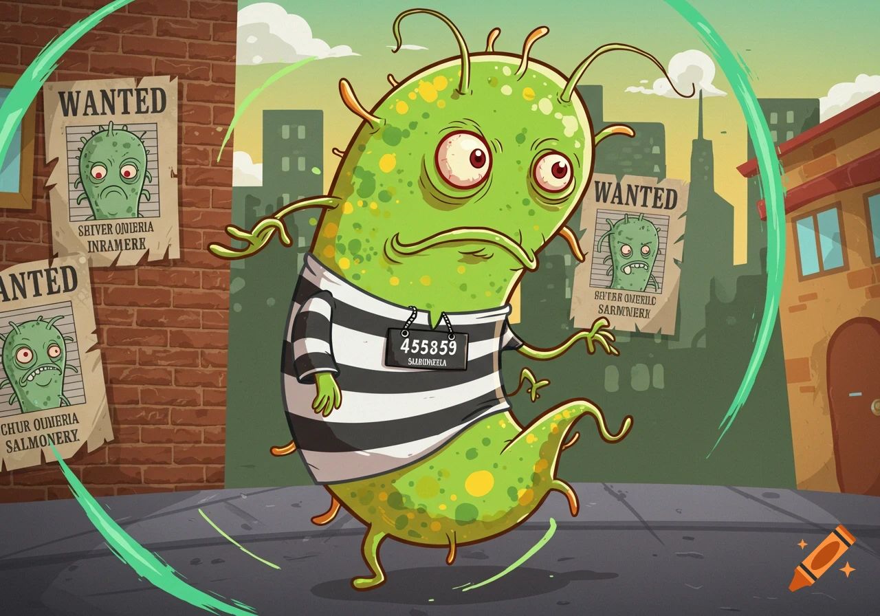 A cartoon green bacterium in a striped prisoner uniform, with 'WANTED' posters in the background on a city street.