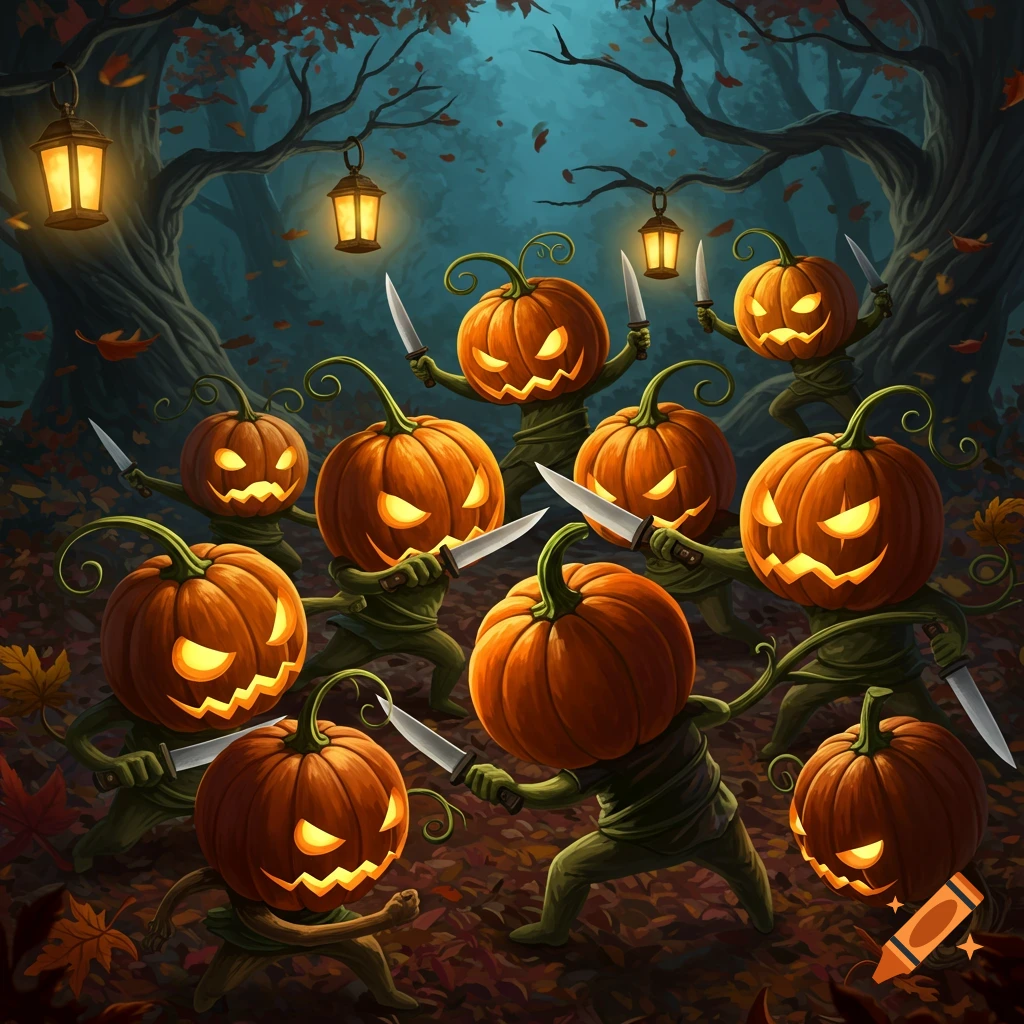 Anthropomorphic jack-o'-lanterns with glowing faces and vine bodies hold knives in a dark, spooky forest with hanging lanterns.