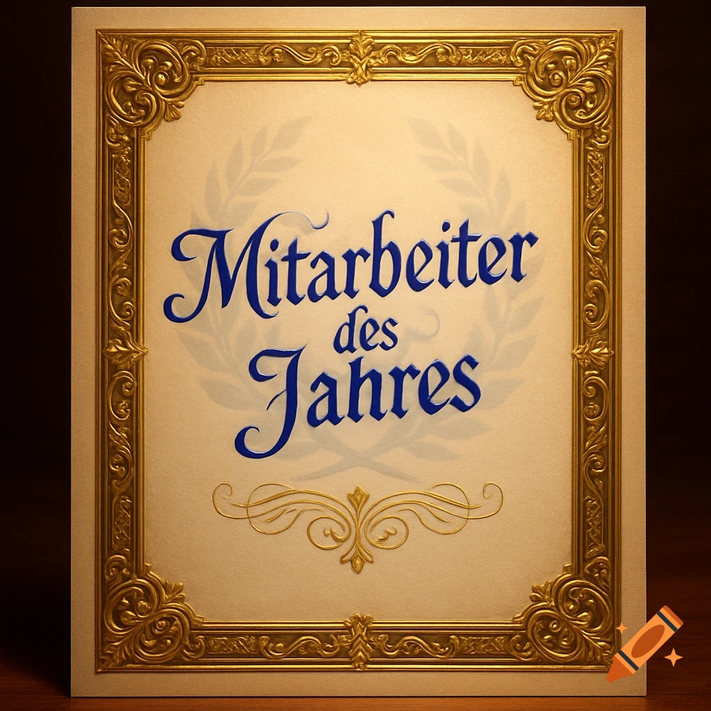 A richly decorated gold-framed certificate for 'Mitarbeiter des Jahres' (Employee of the Year) in blue script on a cream background.