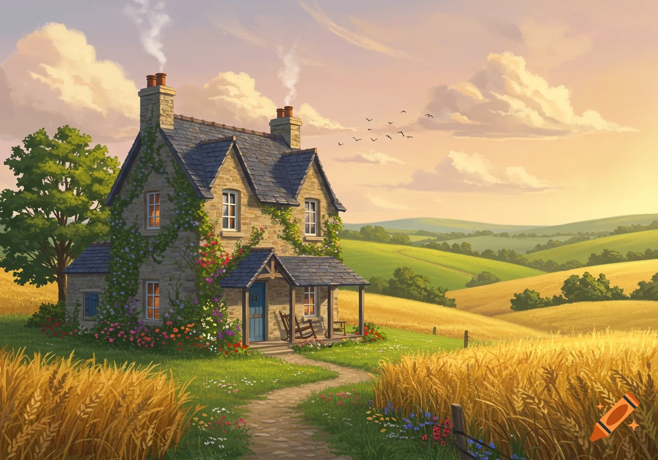 A charming stone cottage with climbing flowers sits in a golden field under a pastel sky with rolling green hills in the distance.