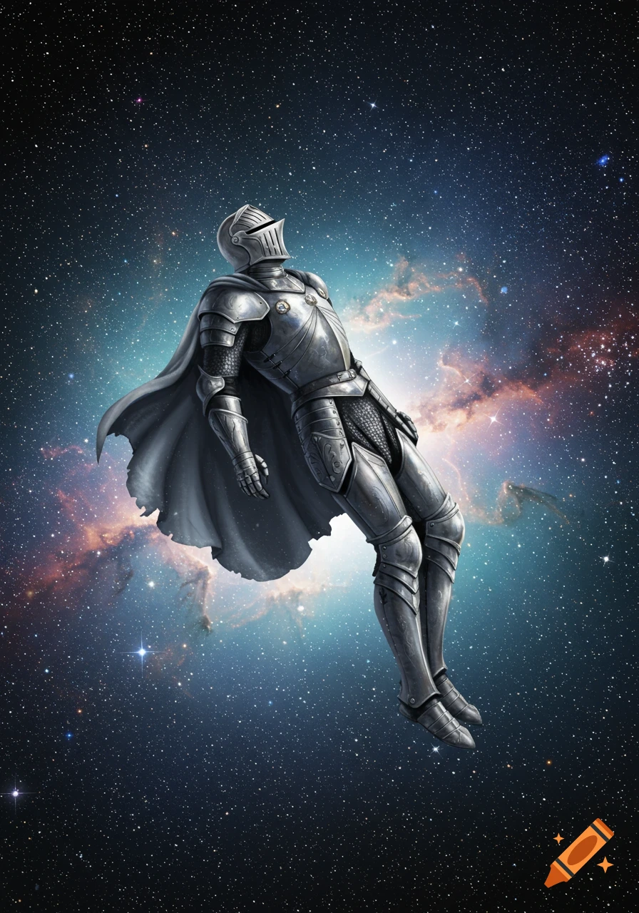 A knight in shining medieval armor floats in deep space, surrounded by countless stars and colorful nebulae.