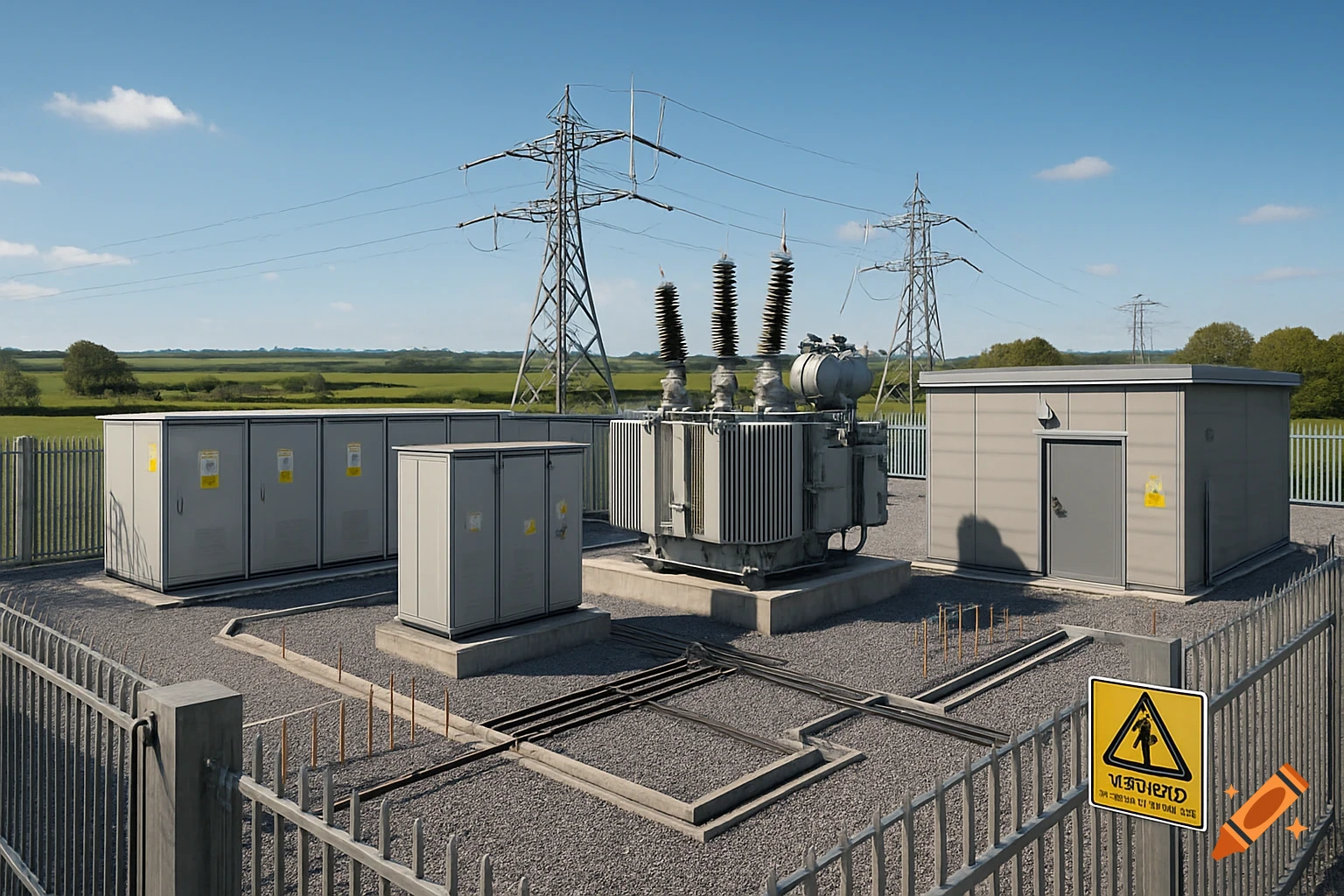 Photorealistic outdoor electrical substation with transformers, switchgear cabinets, power lines, and safety signs in a rural UK setting.