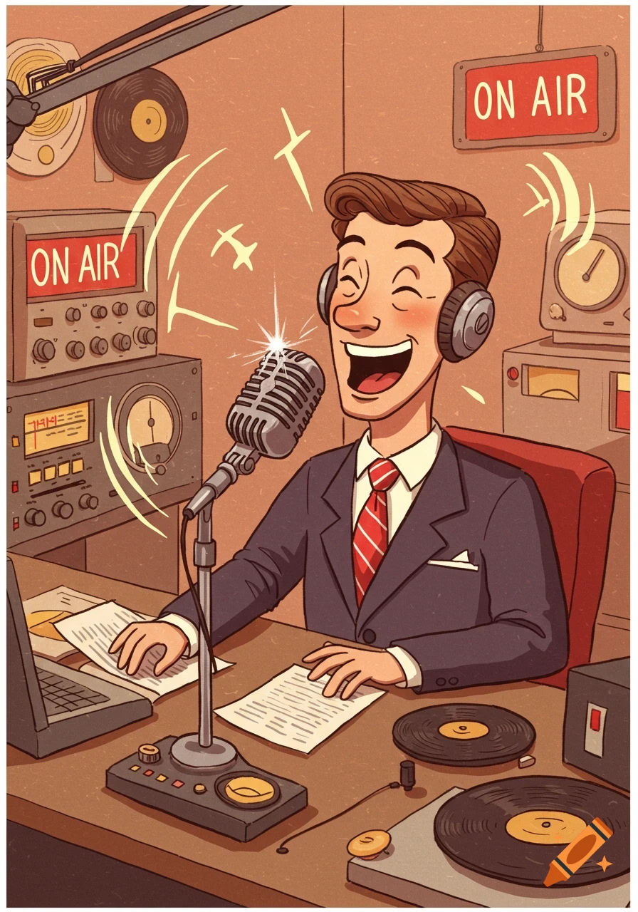 A smiling cartoon radio host wearing headphones speaks into a vintage microphone in a studio, with "ON AIR" signs and broadcast equipment visible.
