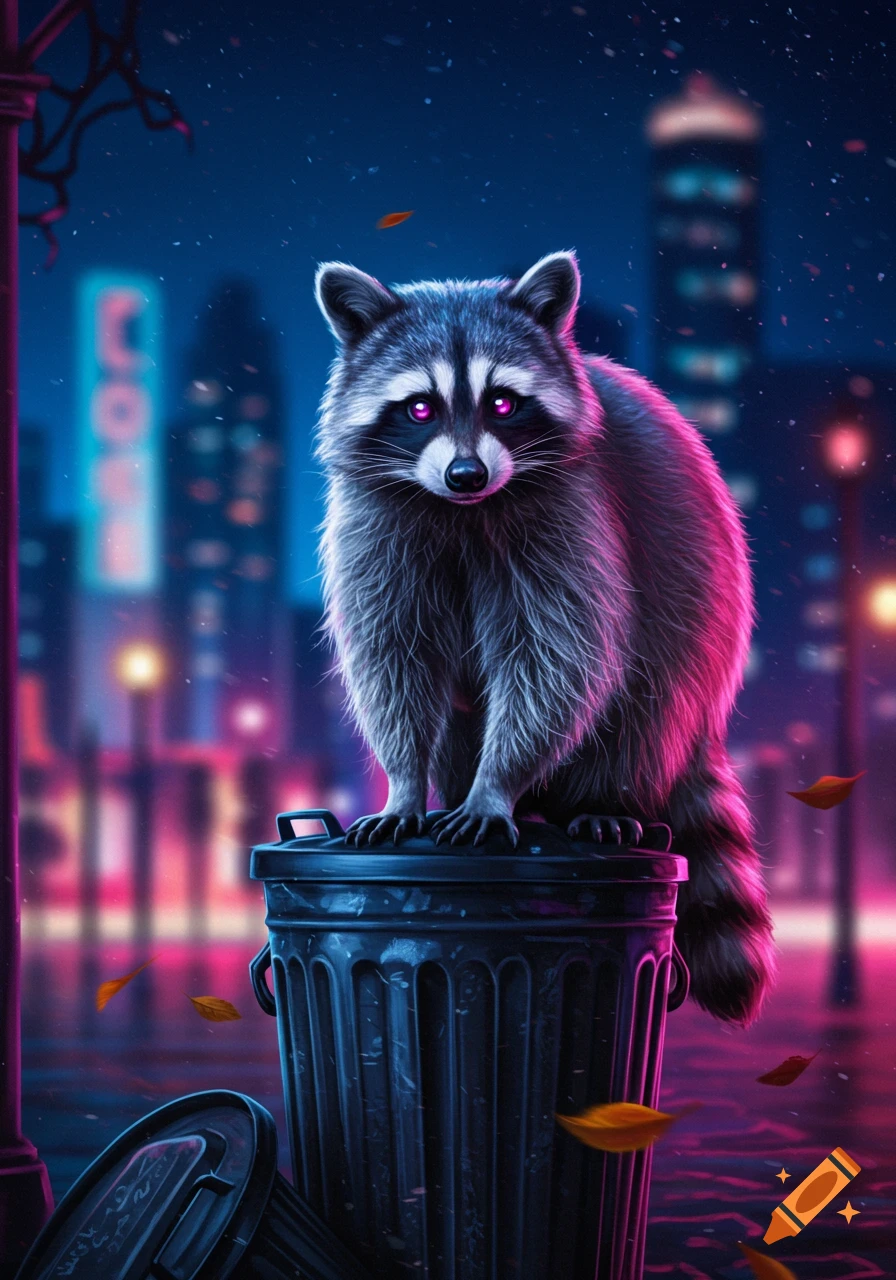 A stylized raccoon with glowing pink eyes sits atop a trash can on a neon-lit city street at night, with falling leaves.