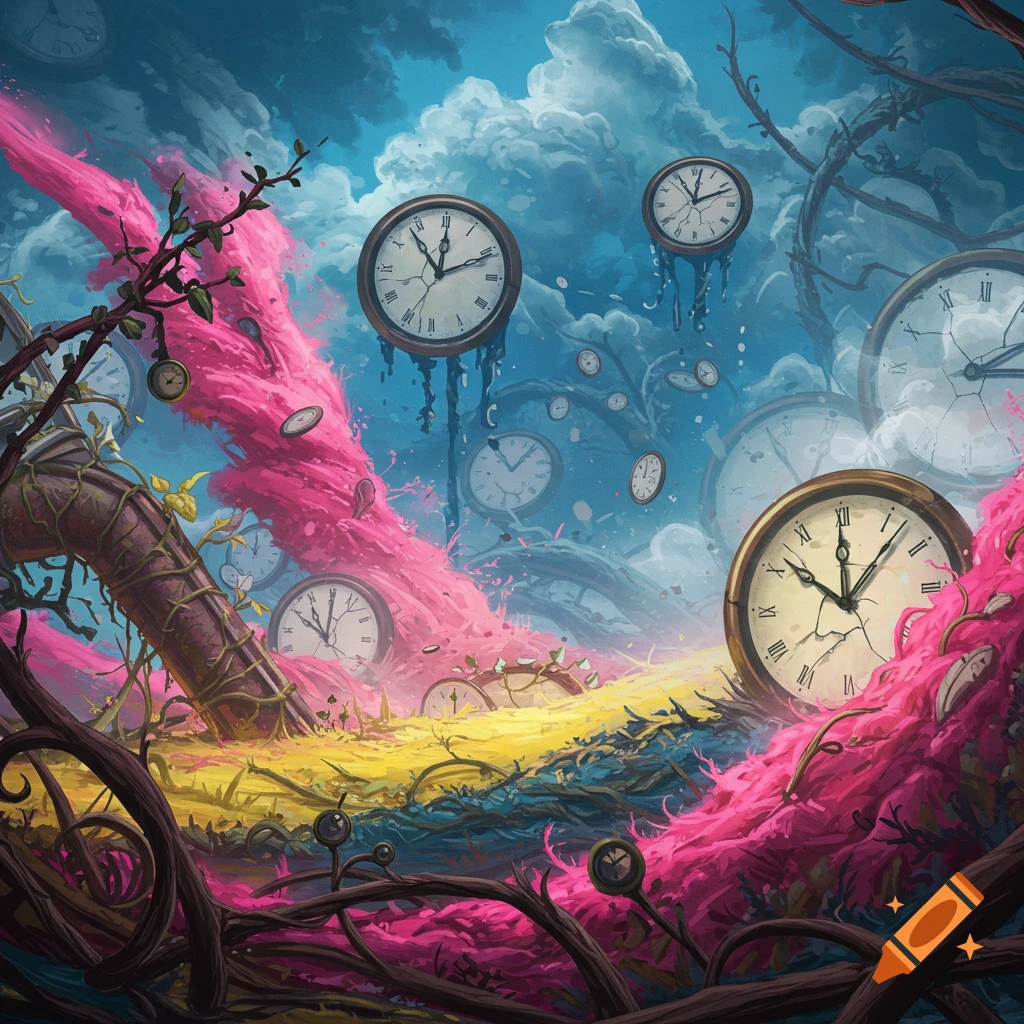 A vibrant, surreal landscape with melting clocks floating in a blue sky, above a ground with bright pink, yellow, and blue flowing textures, and dark intertwining branches.