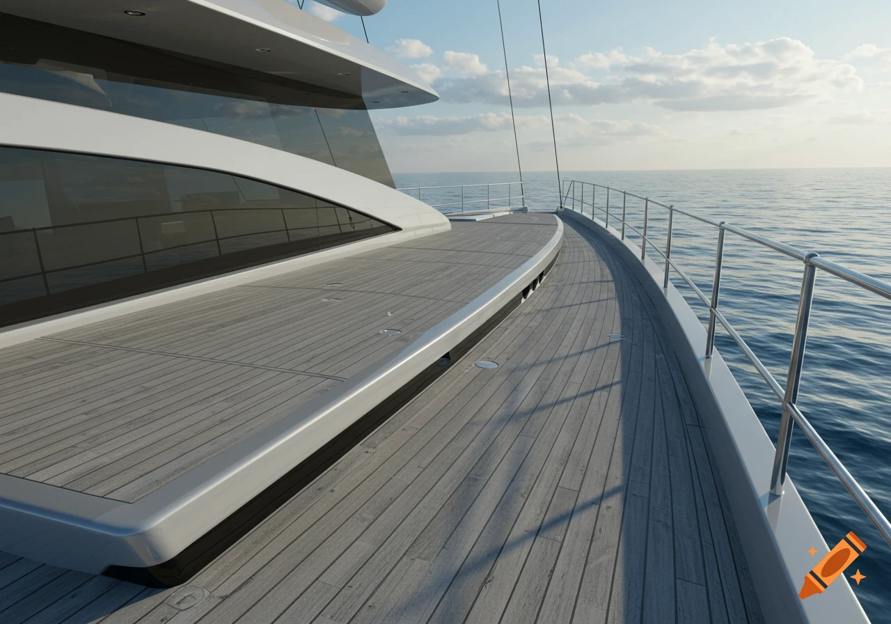 A photorealistic perspective of the grey teak deck of a modern yacht, looking out at the calm blue sea and a partly cloudy sky.