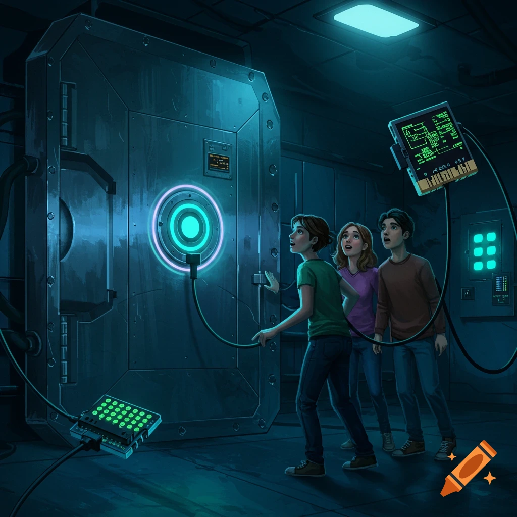 Three kids stare in wonder at a large, glowing blue metal door in a dark, futuristic room with cables and tech.