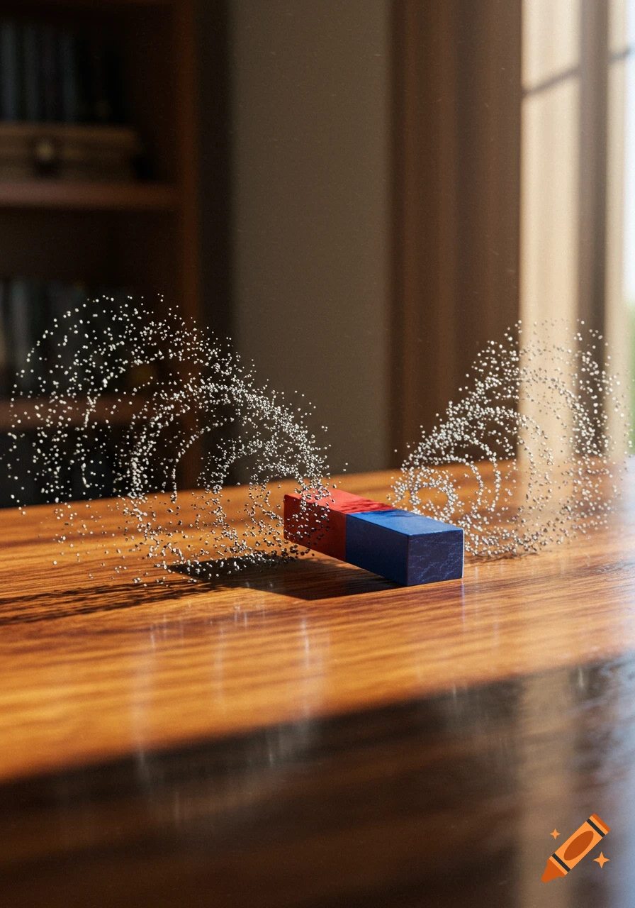 A photorealistic image of a red and blue bar magnet on a glossy wooden table, with silver iron filings forming a magnetic field around it.