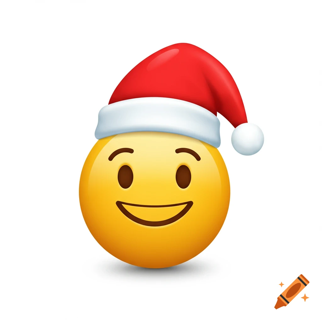 A yellow smiley emoji wearing a red Santa hat, cartoon style, on a white background.