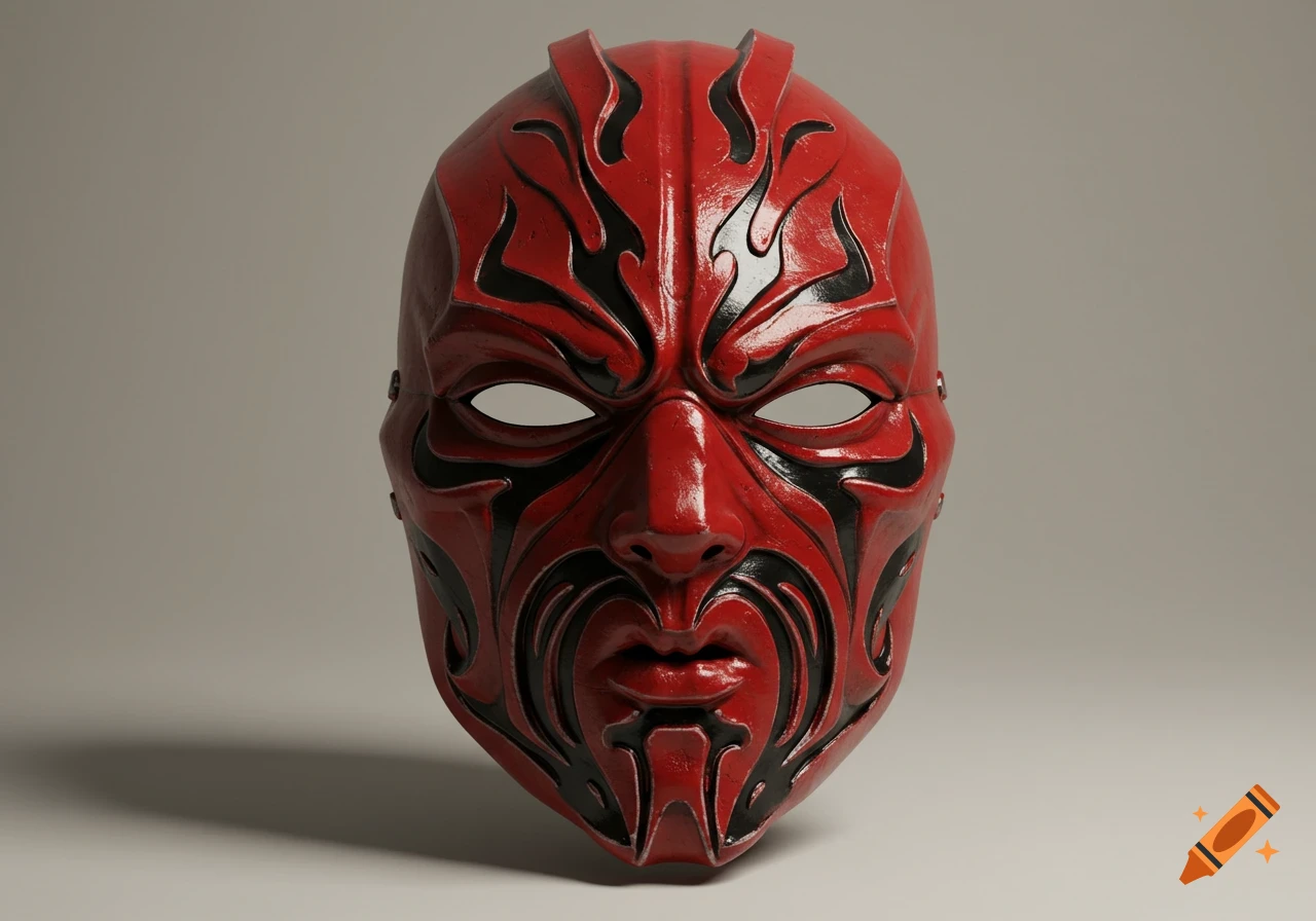 A close-up of a cherry red mask with intricate black flame patterns covering its surface, featuring eye and mouth cutouts.