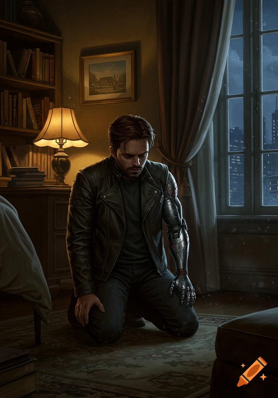 Bucky Barnes, in a leather jacket with his bionic arm, kneels in a dimly lit room with bookshelves and a city night view. Digital art.