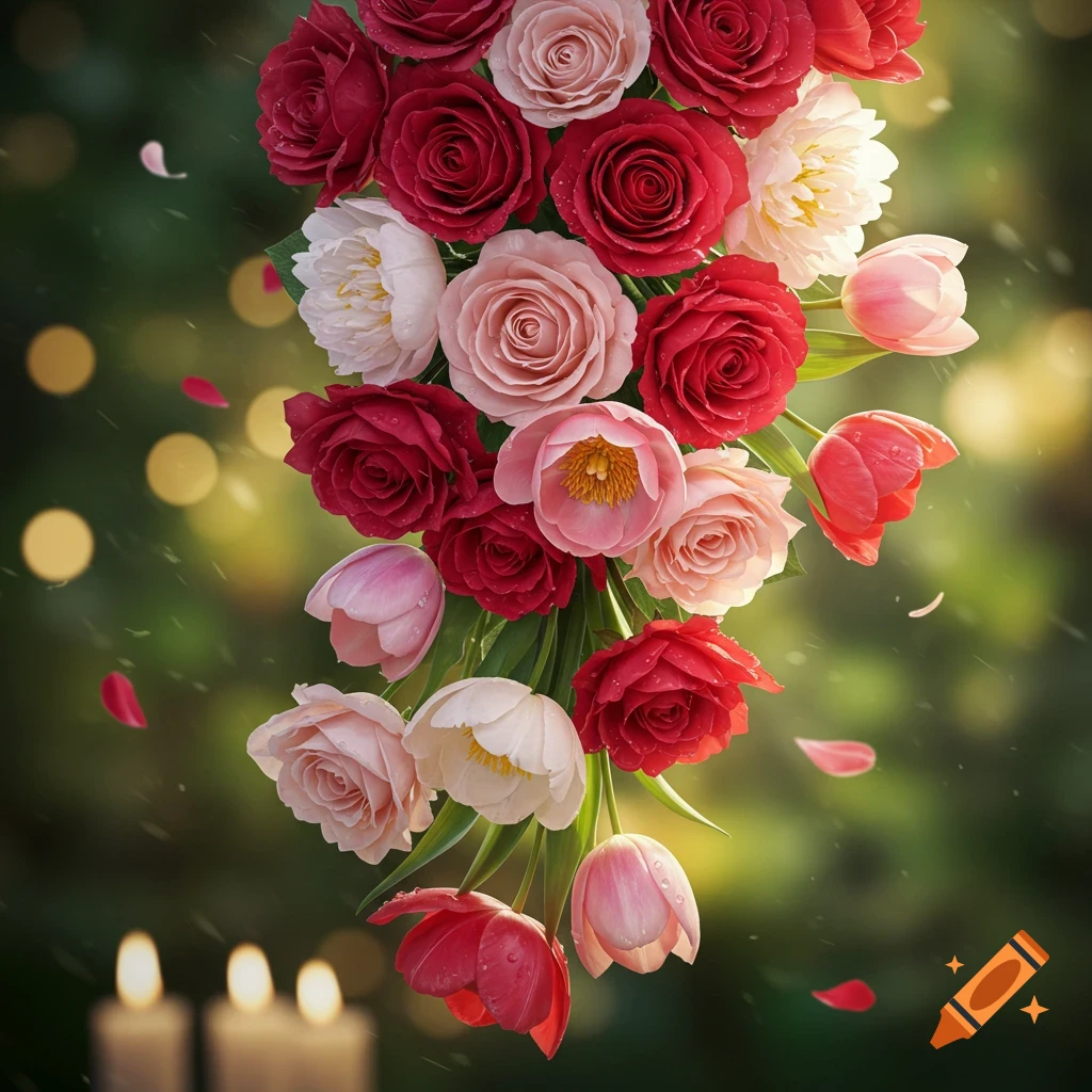 Vibrant bouquet of red, pink, and white roses, peonies, and tulips with water droplets, falling petals, and bokeh lights, with two lit candles below.