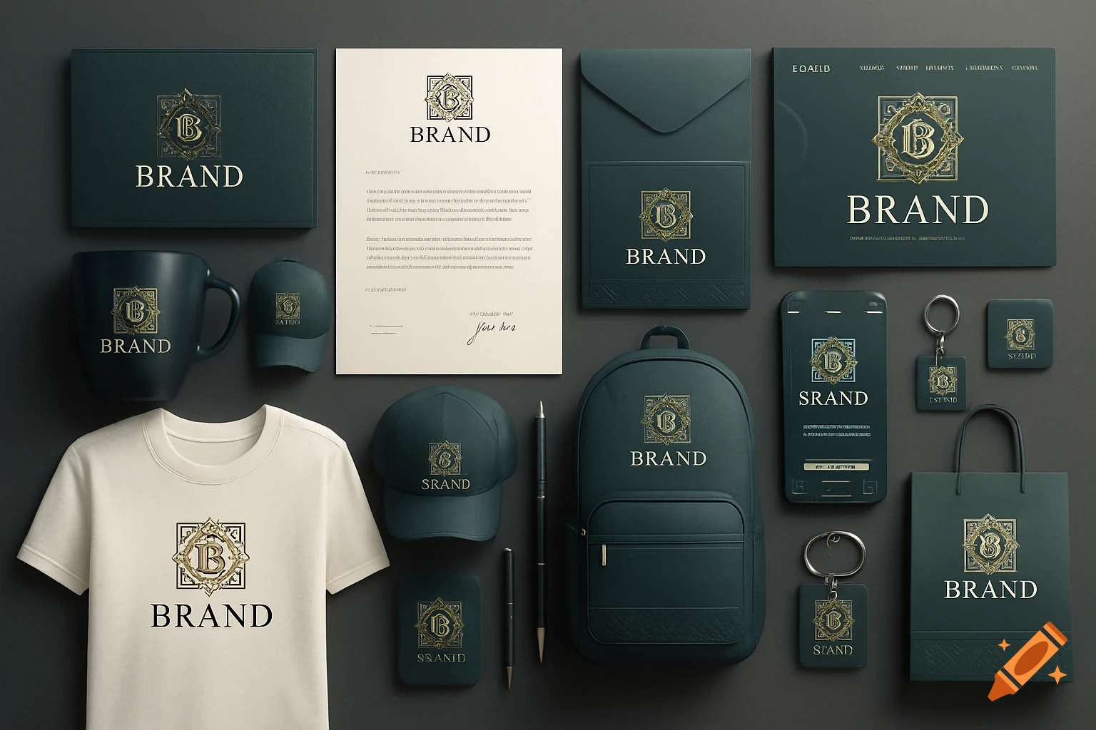 A flat lay of various branded items including a box, letterhead, mug, t-shirt, hat, backpack, phone, keychains, and shopping bag, all featuring a gold 'B' logo and the word 'BRAND' on a dark background.
