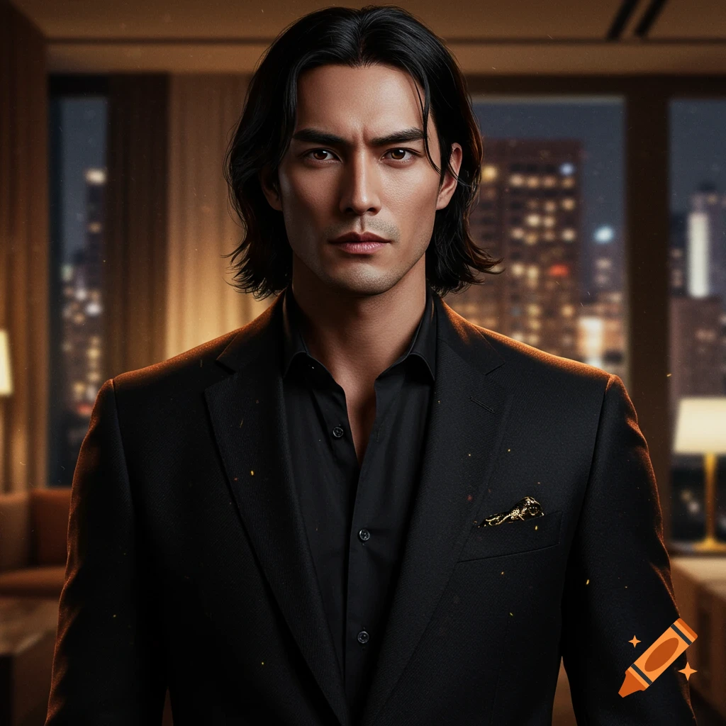 A handsome man with medium-length black hair and sharp brown eyes wears a black suit and shirt, standing in a sophisticated room with city lights in the background at night.