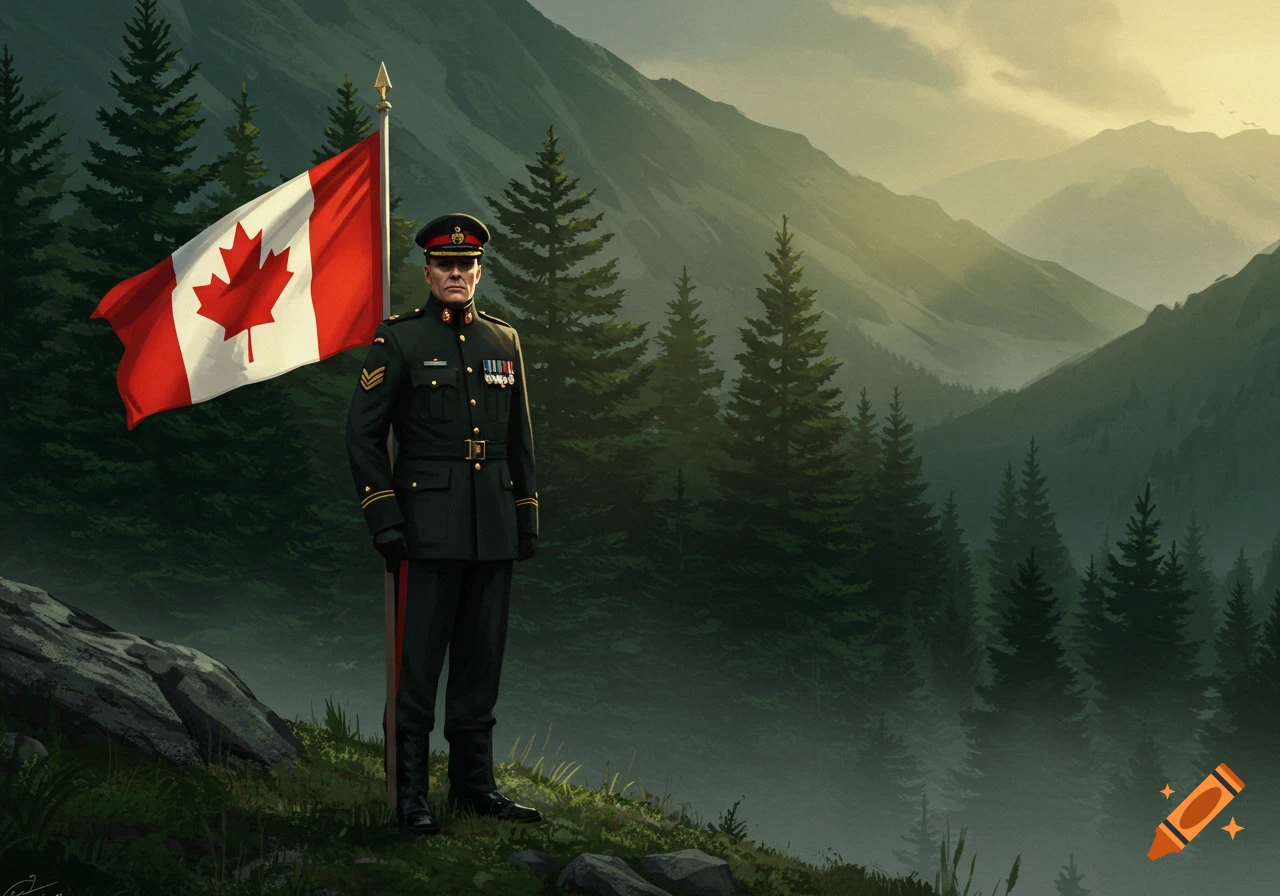 A Canadian military member in dark green uniform stands in a mountainous forest with a large Canadian flag waving beside them.